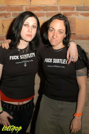 Marta of Bleeding Through and Rachel of Most Precious Blood sport their Fuck Subtlety shirts at the New England Metal and Hardcore Festival | Photo by Carina Mastrocola
